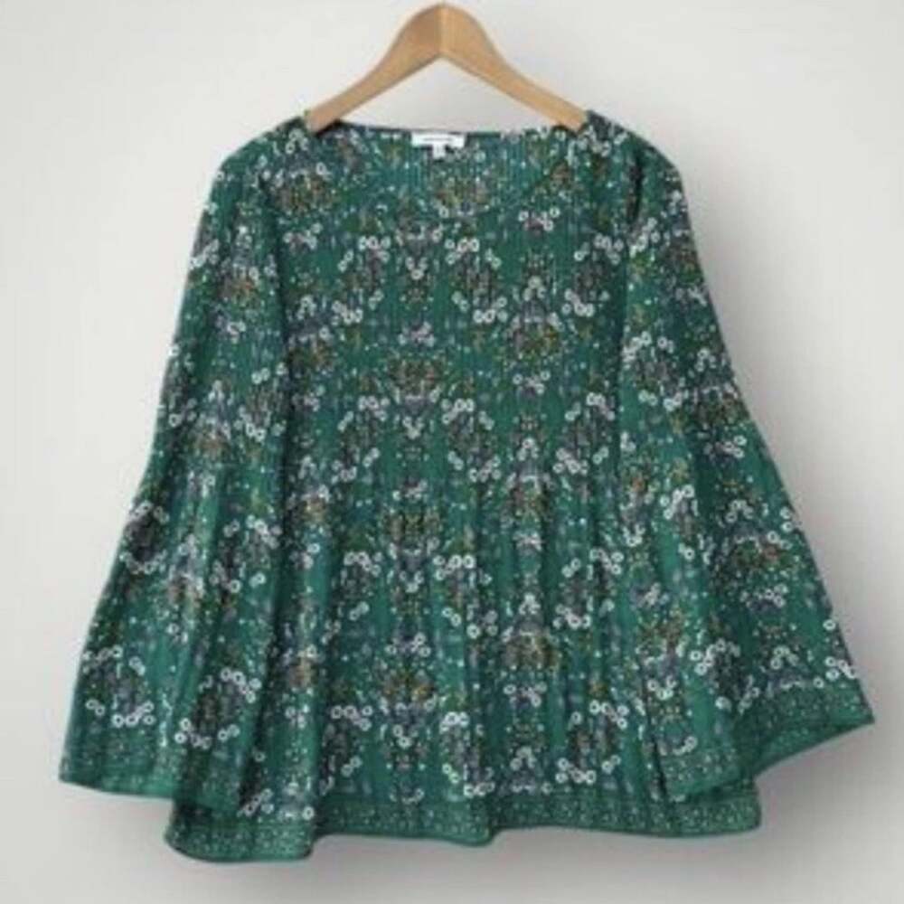 Max Studio Green Floral Print Pleated Long Sleeve Blouse Top M